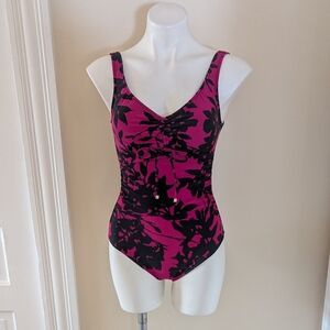 Aqua Green black and pink floral print one piece bathing suit size S